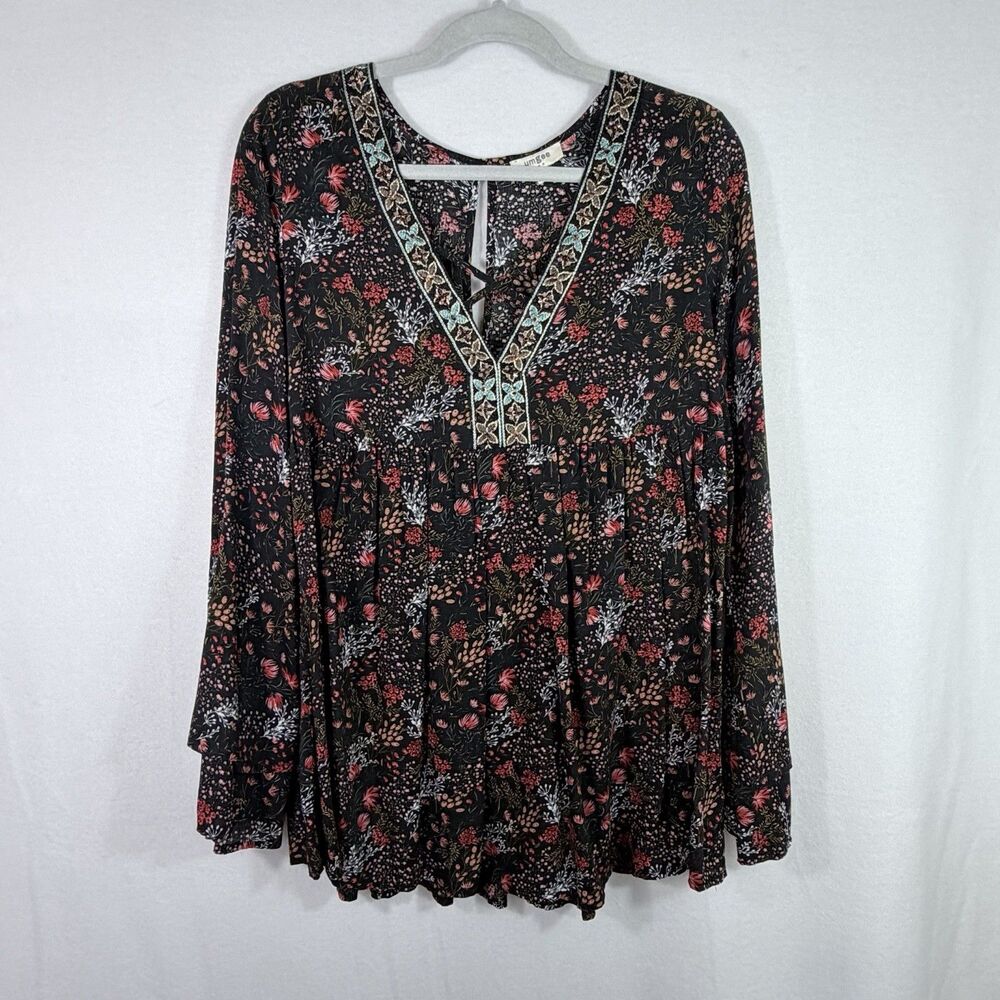 Umgee Black Floral Embroidered V-Neck Tunic Blouse Top Size M Boho Peasant